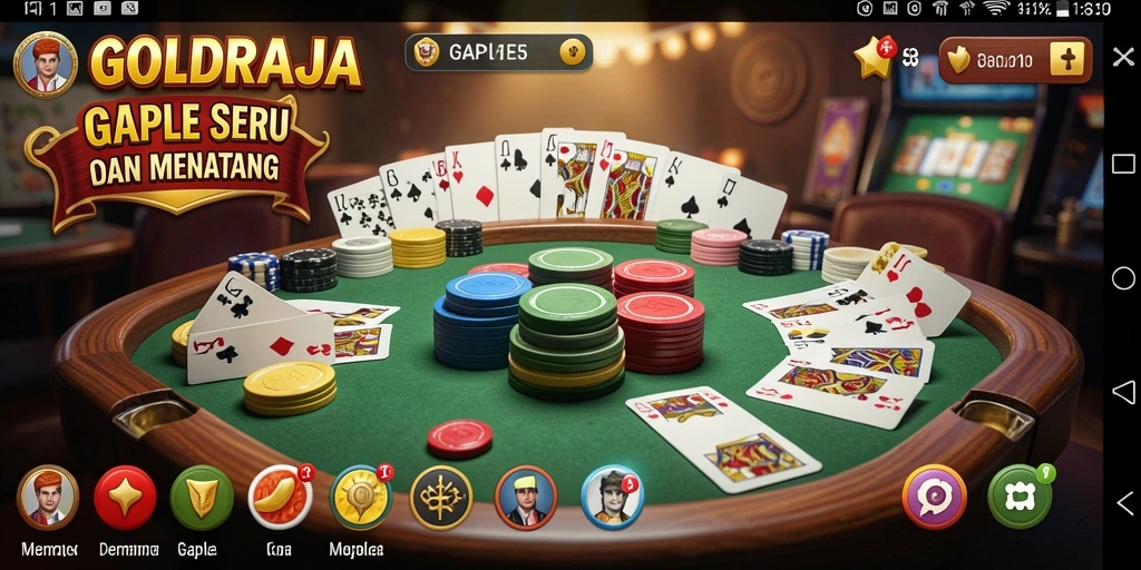 Gameplay seru dari GOLDRAJA dengan tampilan papan Gaple dan karakter pemain.