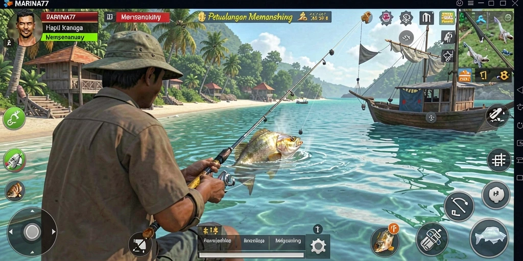 Screenshot gameplay MARINA77 dengan aksi memancing seru.