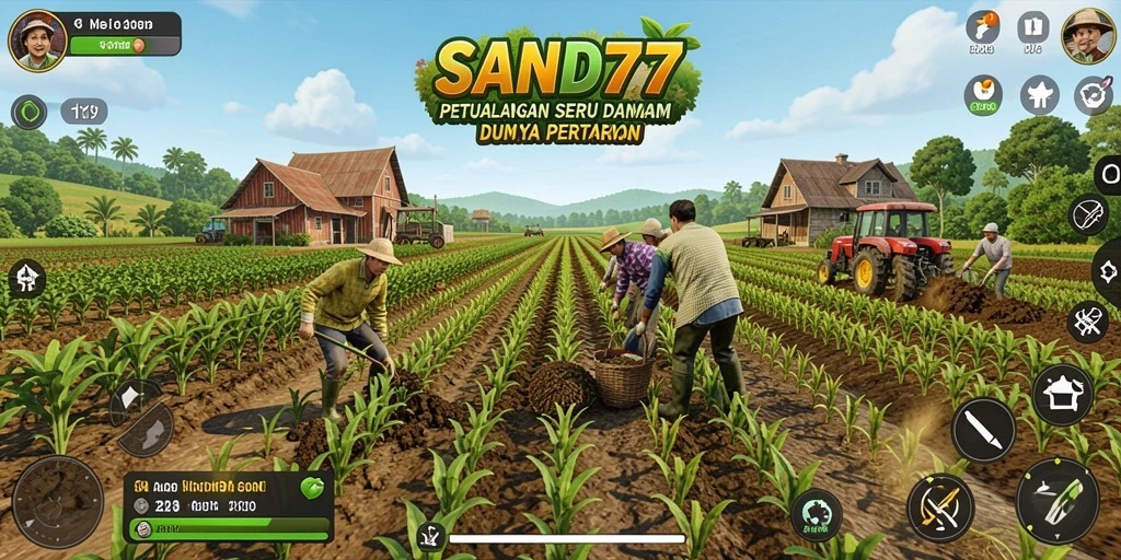 Screenshot permainan SAND77 menampilkan aktivitas pertanian yang seru.