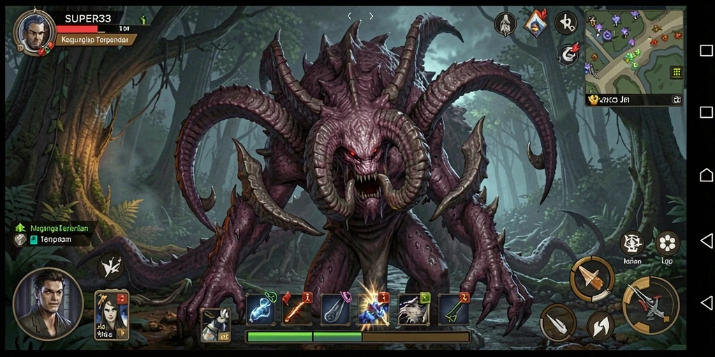 Gameplay SUPER33 dengan atmosfer menyeramkan dan efek suara yang mencengangkan.