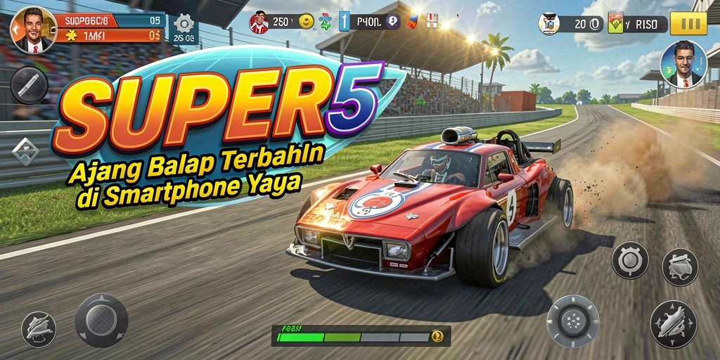 Screenshot utama SUPER5 menampilkan aksi balap yang intens dan mendebarkan.
